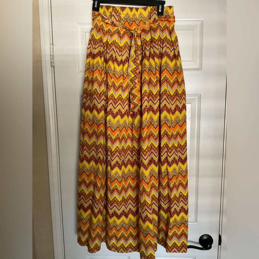 S/W/F Chevron Maxi Skirt in Yellow, Orange & Brown-XS